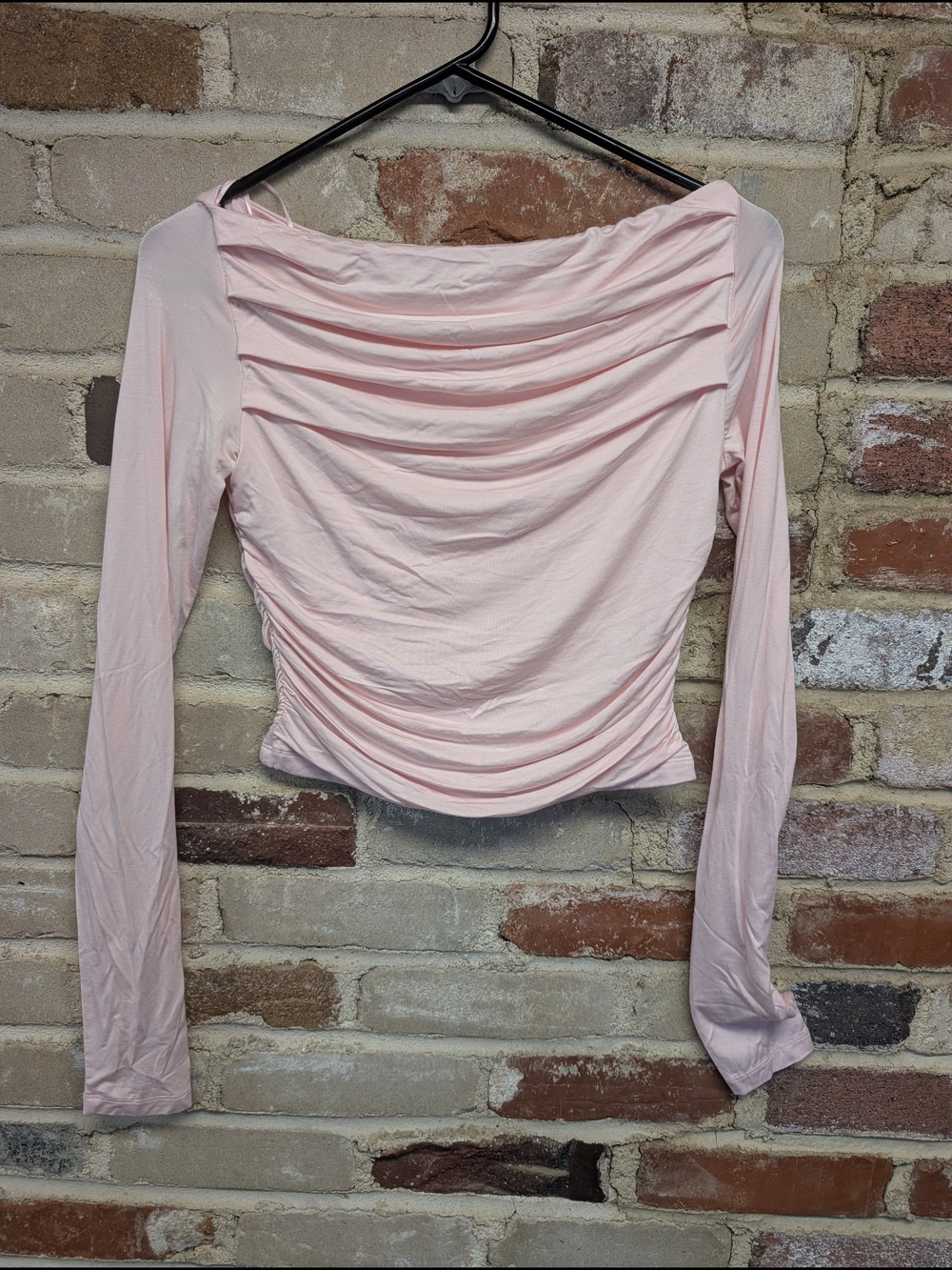 Draped Off-Shoulder Long Sleeve Top in Pale Pink
